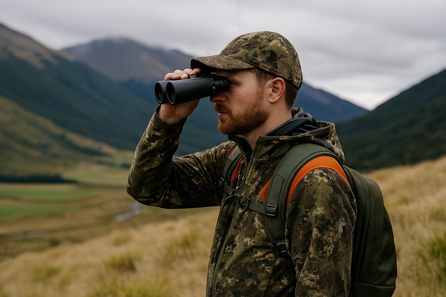 Recreational hunter in New Zealand using binoculars on a grassy hillside with mountains in the background