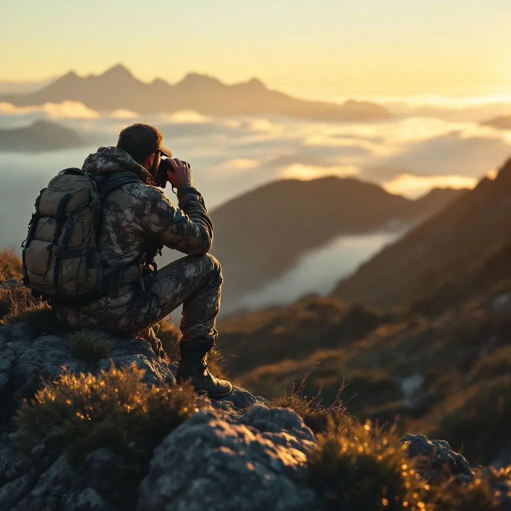NZ hunting gear guide - Hunter with binoculars overlooking Southern Alps wilderness at sunrise