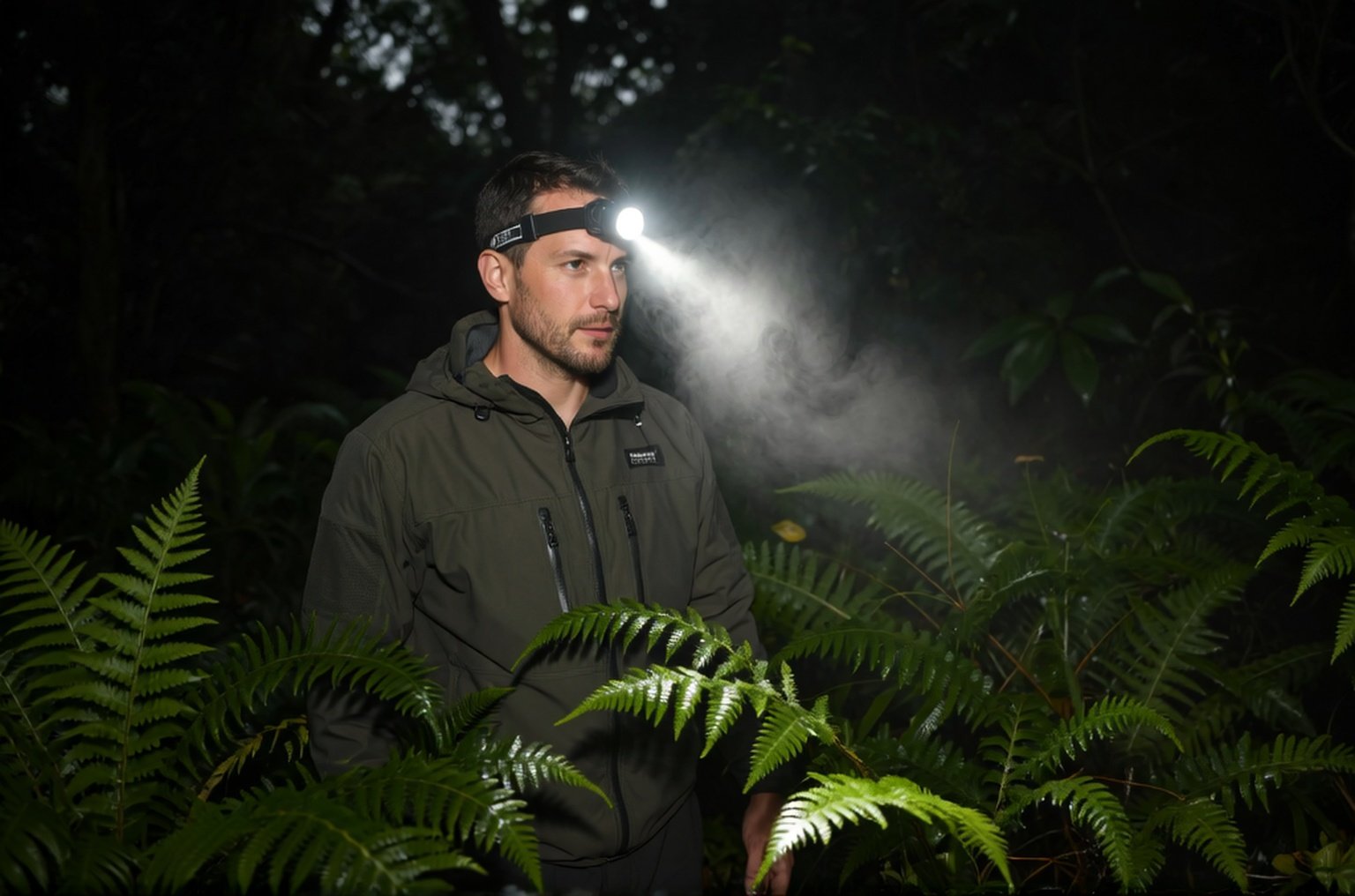 New Zealand hunter wearing LED headlamp shining light into native bush at night