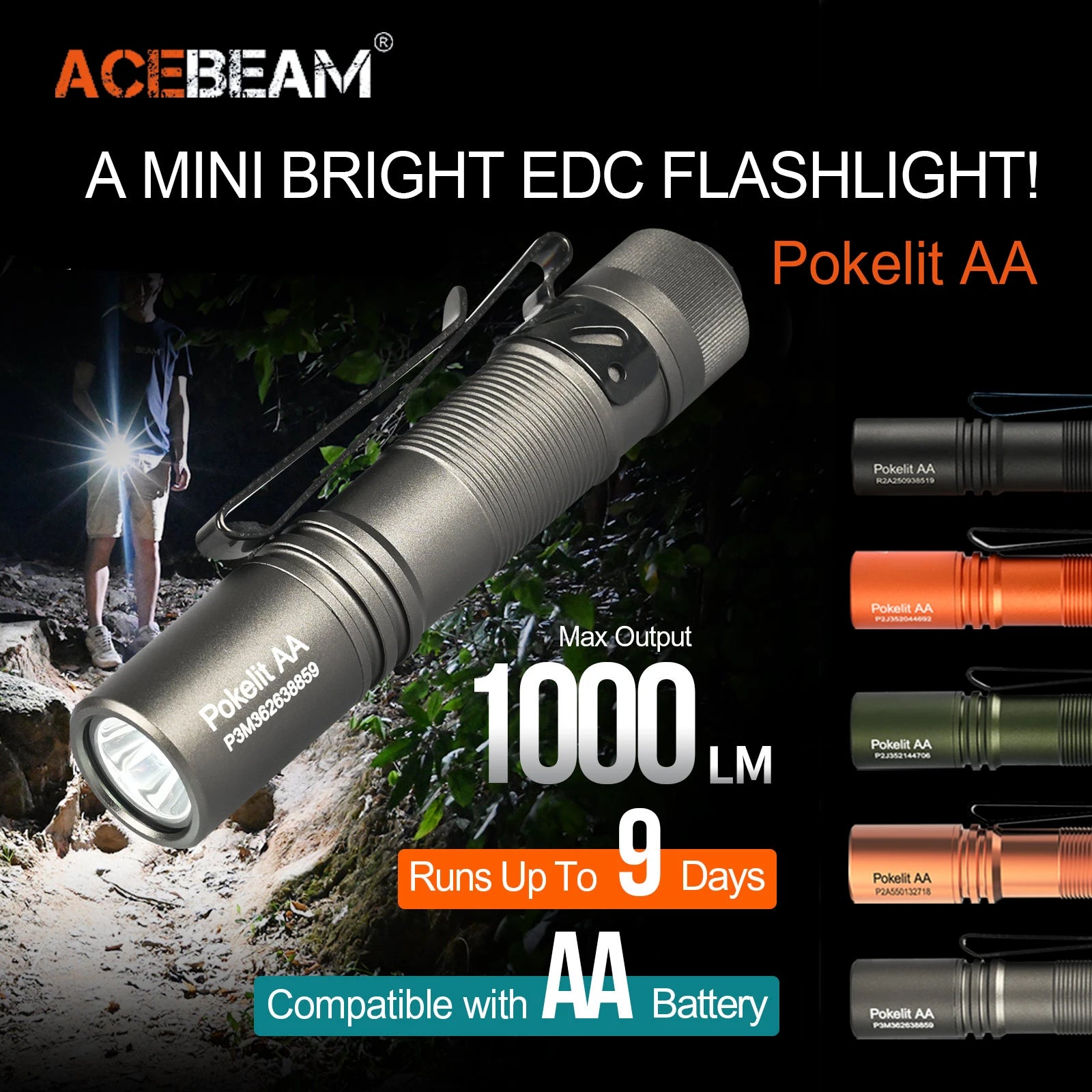 ACEBEAM Pokelit AA EDC Flashlight 1000 Lumens, USB-C Rechargeable, IP68 Waterproof for Everyday Carry