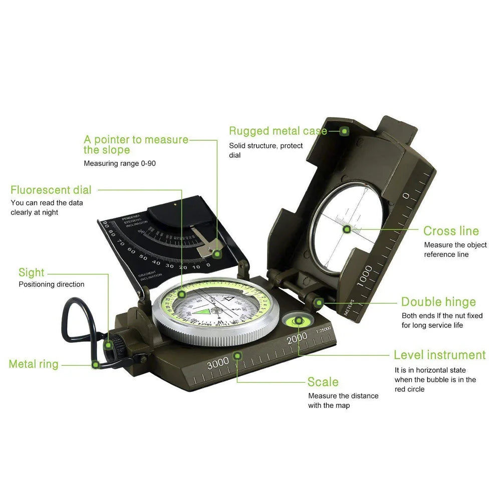 Multifunctional Military Compass Waterproof Metal Survival Tool with Fluorescent Dial