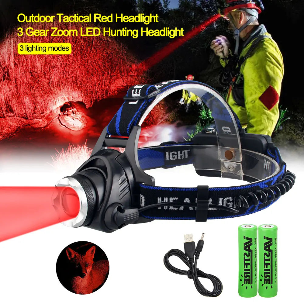 VASTFIRE Tactical Zoomable Headlamp - Red/Green/Purple LED with USB Charging