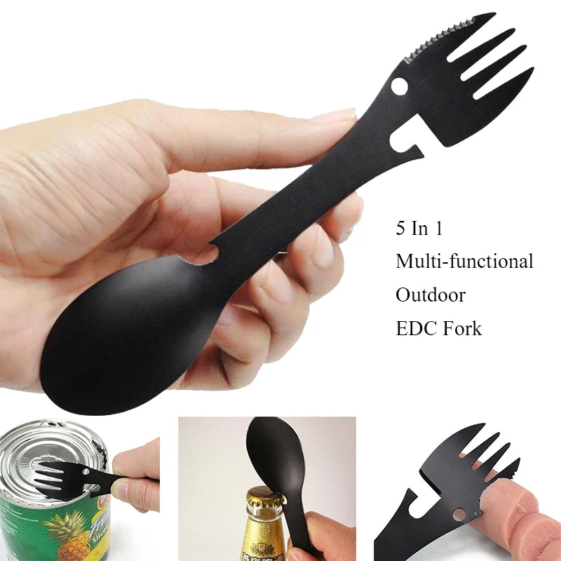 5 in 1 Stainless Steel Camping Multi-Tool Fork Spoon Bottle Opener
