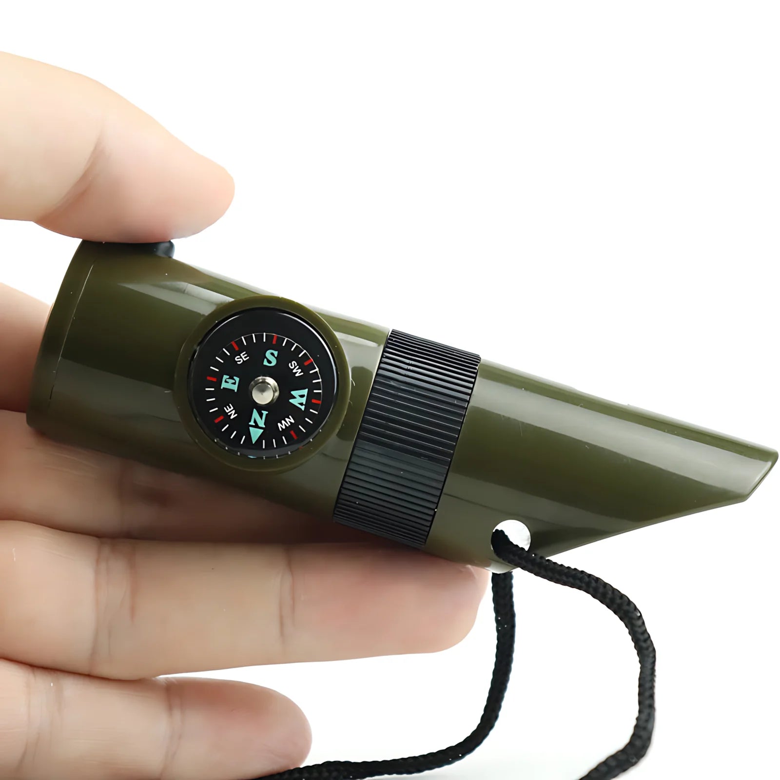 7-in-1 Survival Whistle – Bushcraft Trekking with Compass, Mirror, LED Light, Thermometer
