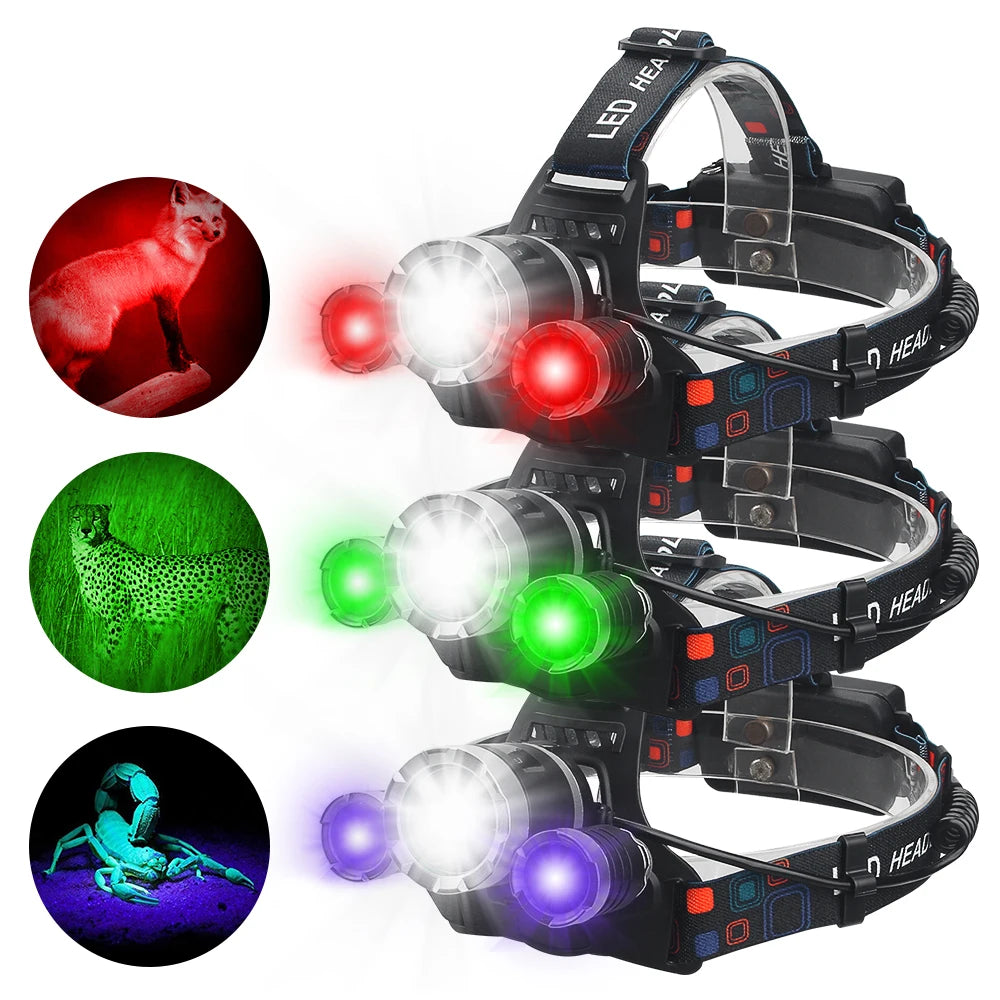 SOLARSTORM Multi-Colour LED Headlamp - Red/Green/White/UV Rechargeable Tactical Light