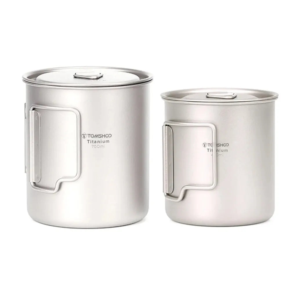 TOMSHOO Ultralight Titanium Cup Set – 2-Piece 450ml & 750ml Camping Mugs with Foldable Handles