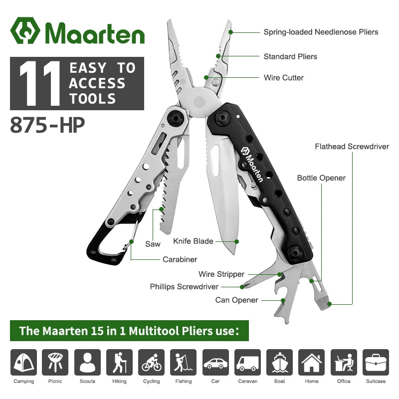 MAARTEN 11-in-1 Stainless Steel Multitool Pliers with Safety Lock