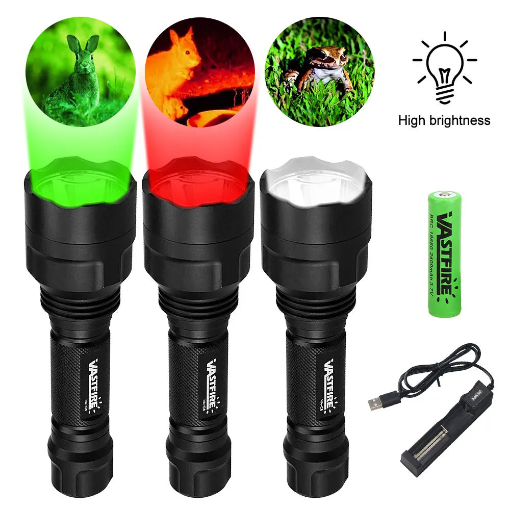 VASTFIRE C8 LED Hunting Flashlight - Multi-Color White/Green/Red Light with 18650 Battery for NZ Hunting
