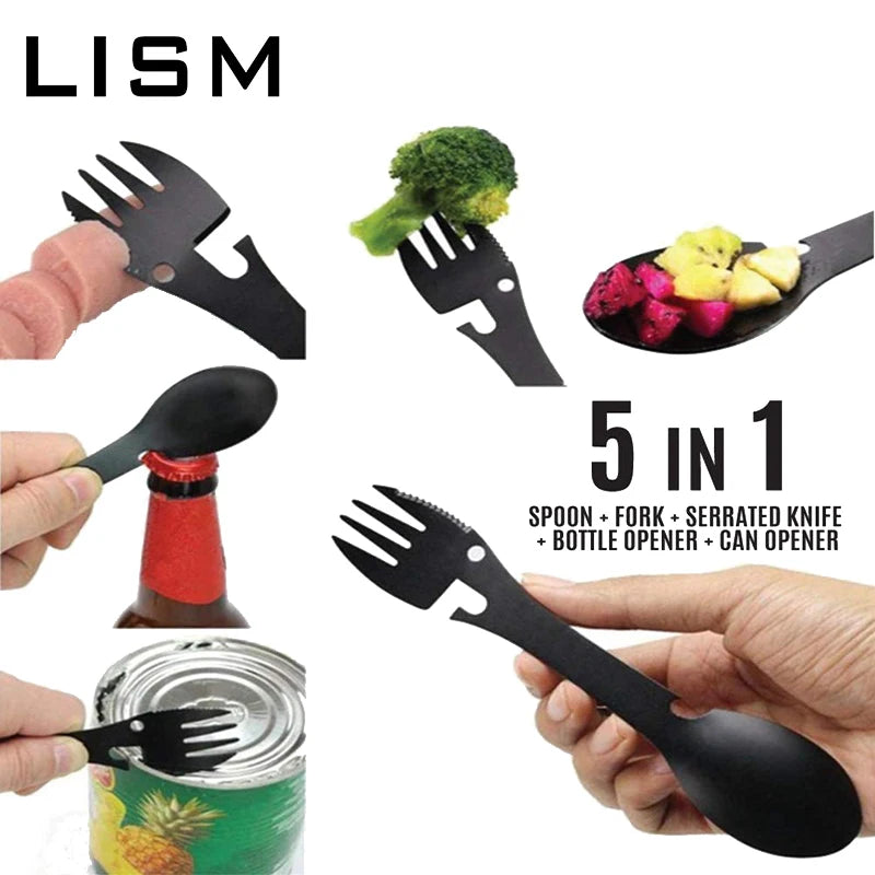 LISM 5-in-1 Camping Tableware Multi-Tool – Portable Stainless Steel Outdoor Eating Utensil