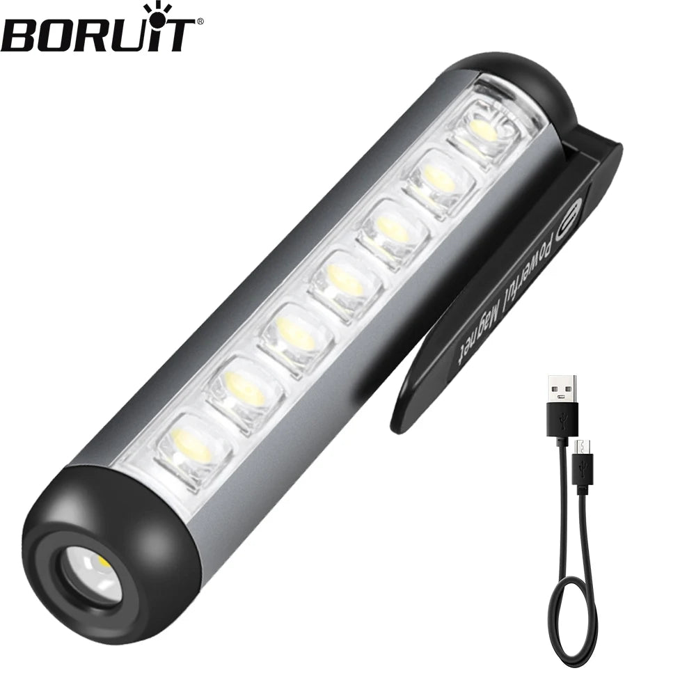 BORUIT Mini USB-C Rechargeable Flashlight 300lm Magnetic Clip Torch for Camping