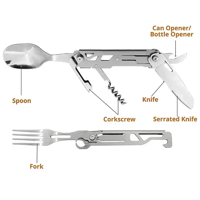 WESTTUNE Folding Camping Cutlery – Multi-Function Portable Knife, Spoon, Fork & Bottle Opener