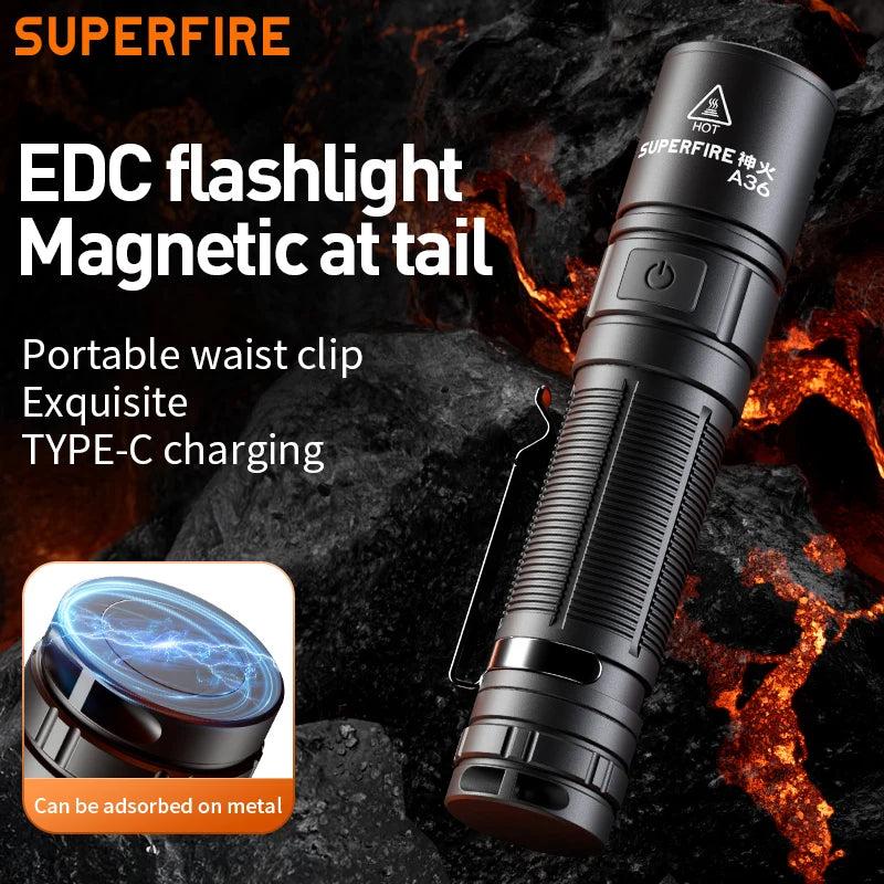 SUPERFIRE A36 LED Flashlight – 12W Rechargeable Torch with Magnetic Tail & Type-C Charging