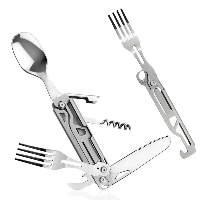 WESTTUNE Folding Camping Cutlery – Multi-Function Portable Knife, Spoon, Fork & Bottle Opener