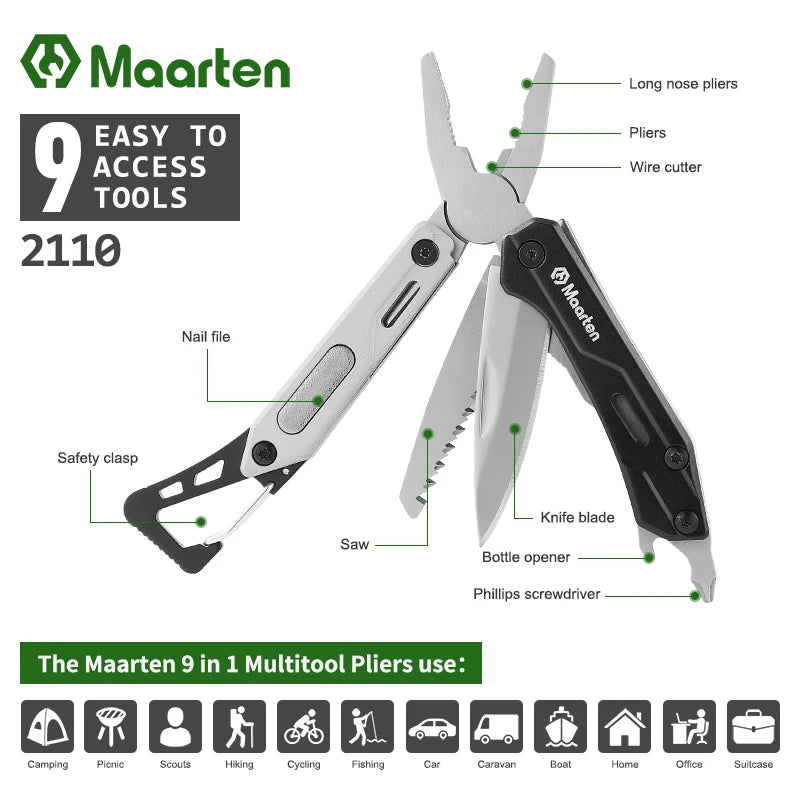 MAARTEN 9-in-1 Stainless Steel Multitool with Self-Locking Pliers
