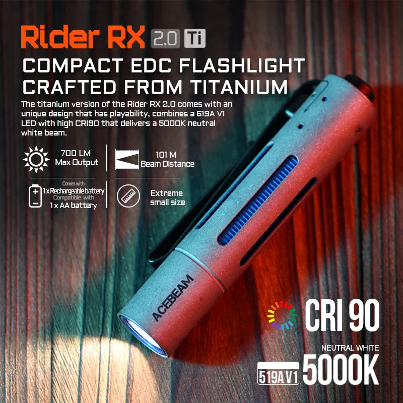 ACEBEAM Rider RX 2.0 Titanium 700 Lumen AA USB-C EDC Flashlight