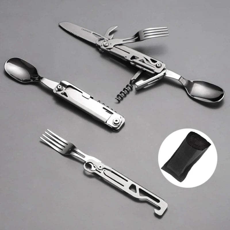 Multifunctional 420 Stainless Steel Camping Tableware – Folding Knife, Fork, Spoon