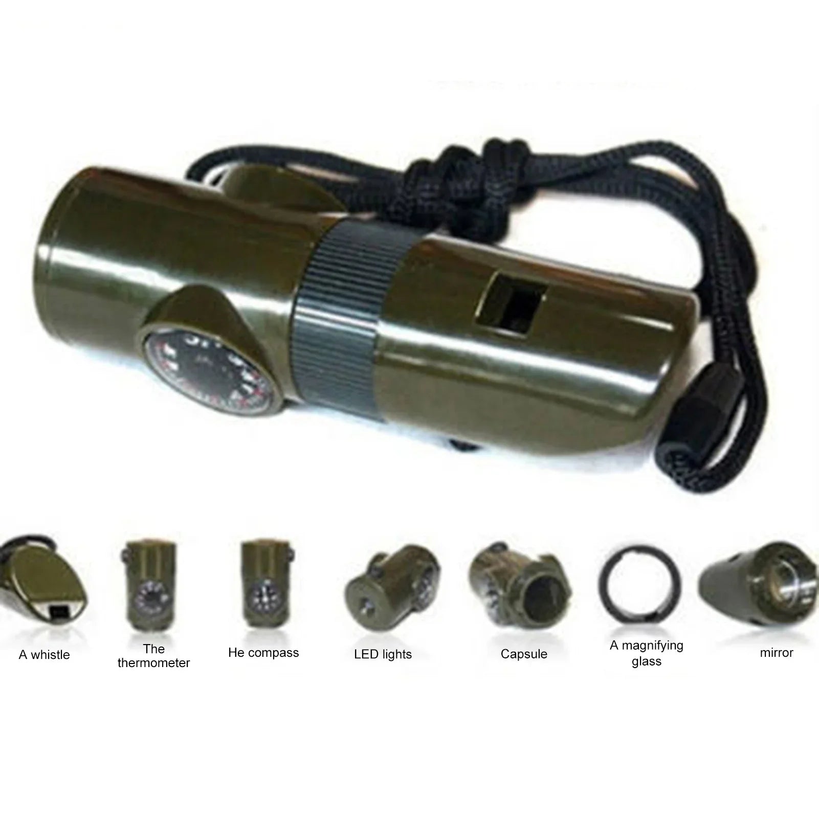 7-in-1 Survival Whistle – Bushcraft Trekking with Compass, Mirror, LED Light, Thermometer