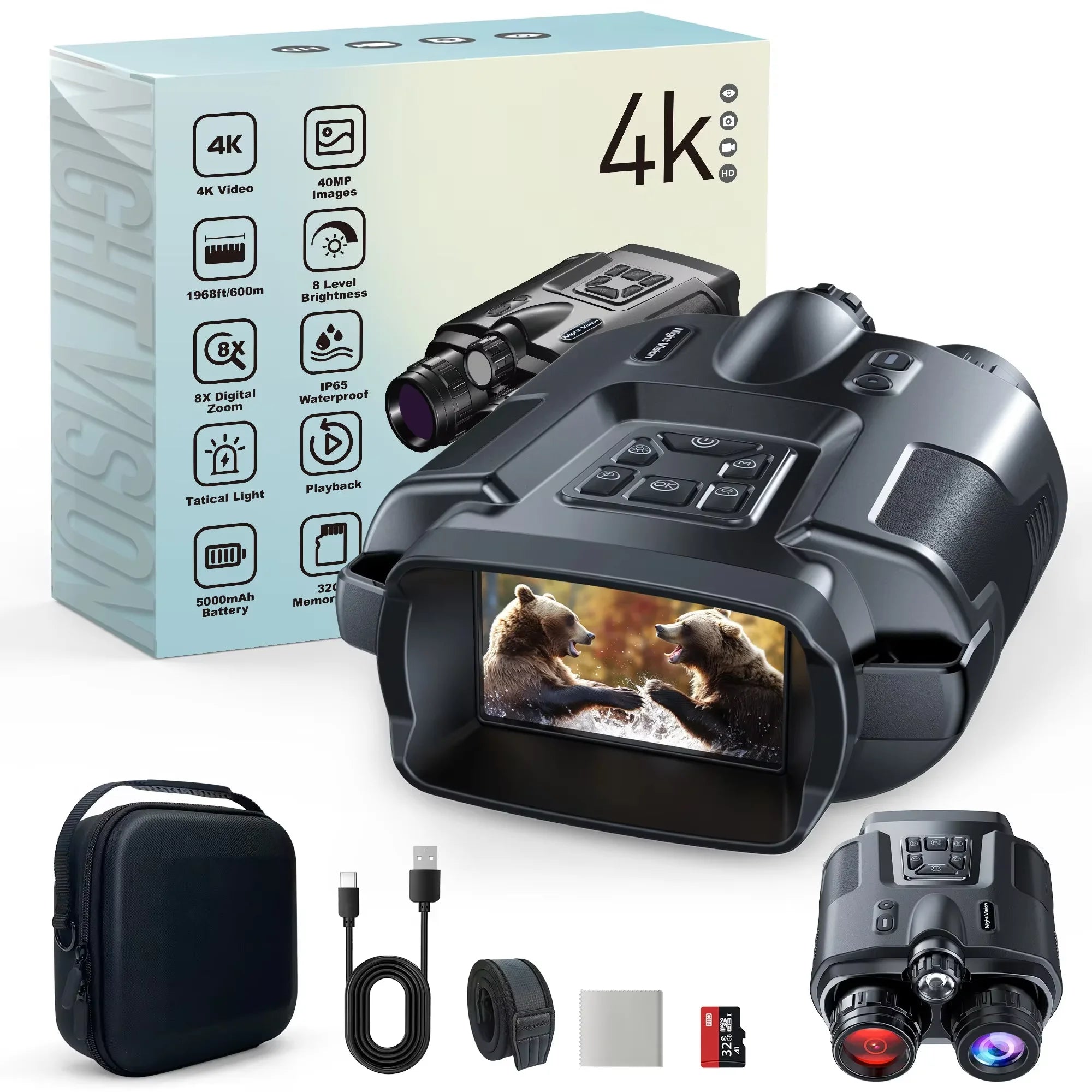 LETCMOI 4K Night Vision Binoculars – 8X Digital Zoom, 3-Inch Screen, Tactical Light, 5000mAh