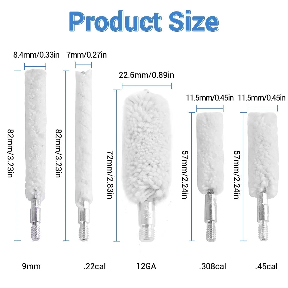 5Pcs Gun Cleaning Brush Head Kit – 9mm, .30/.300/.308cal, .22cal, .45cal, 12GA Cotton Mop Brushes