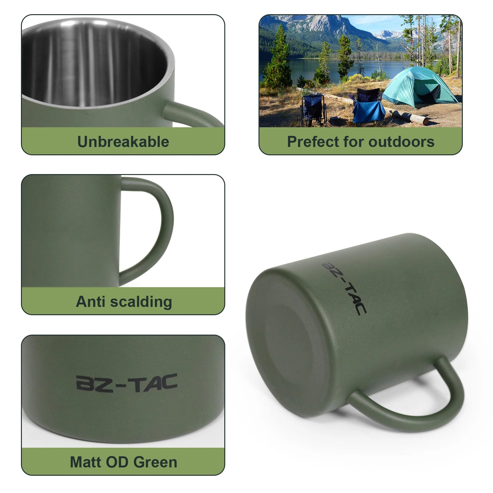 BZTAC Double Wall Stainless Steel Mug – 300/450ml Army Green Camping Cup with Handle