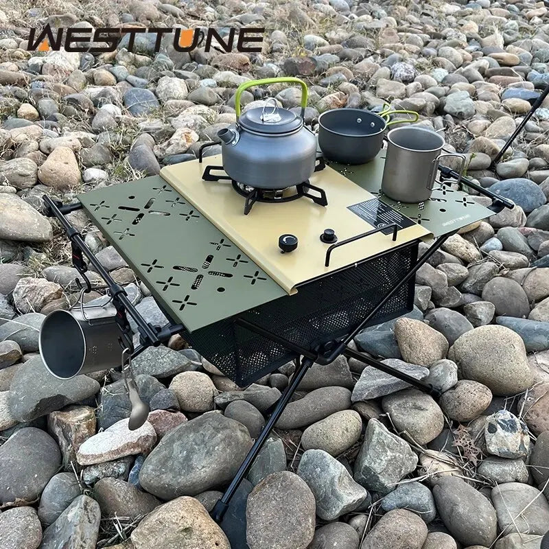 WEST TUNE Camping Table with IGT Stove Portable Aluminium Folding Table