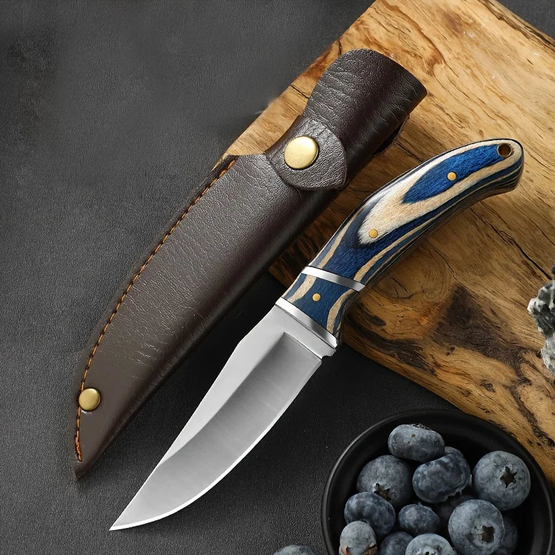 7.5-Inch Multi-Purpose Knife – Stainless Steel Blade & Coloured Wood Handle, Portable for Hunting