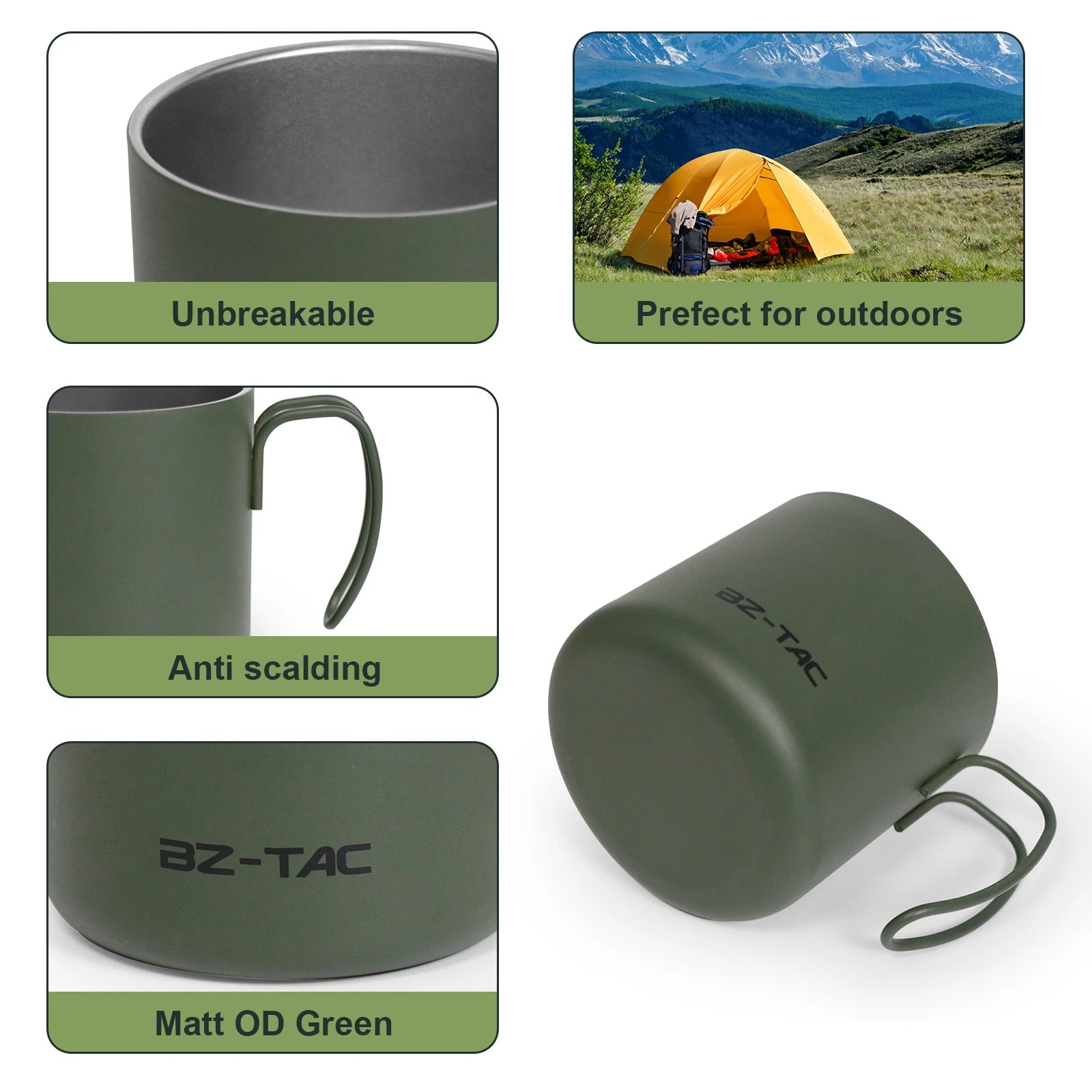 BZTAC Double Wall Coffee Mug – 350/500ml Matte Army Green Stainless Steel Cup for Outdoors