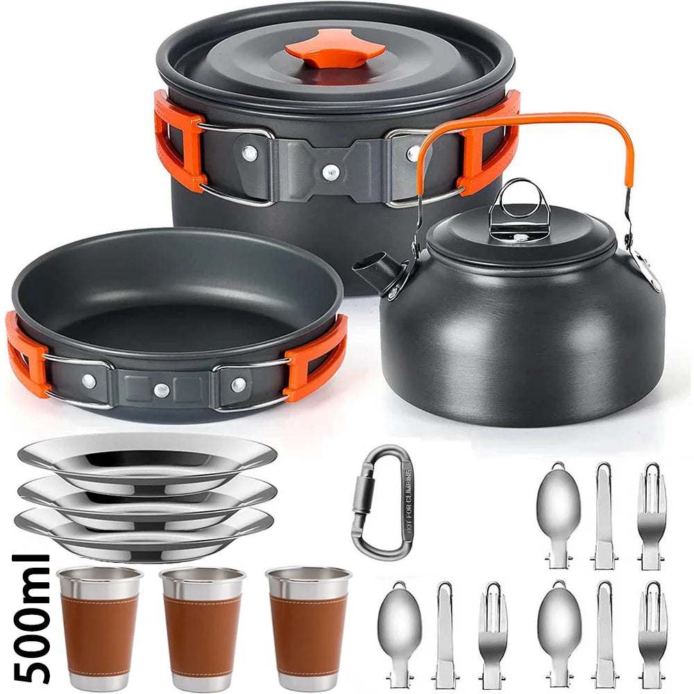 Camping Cookware Set – Non-Stick Pots, Pan & Teapot for 2-3 People, Assorted Set for Hunting
