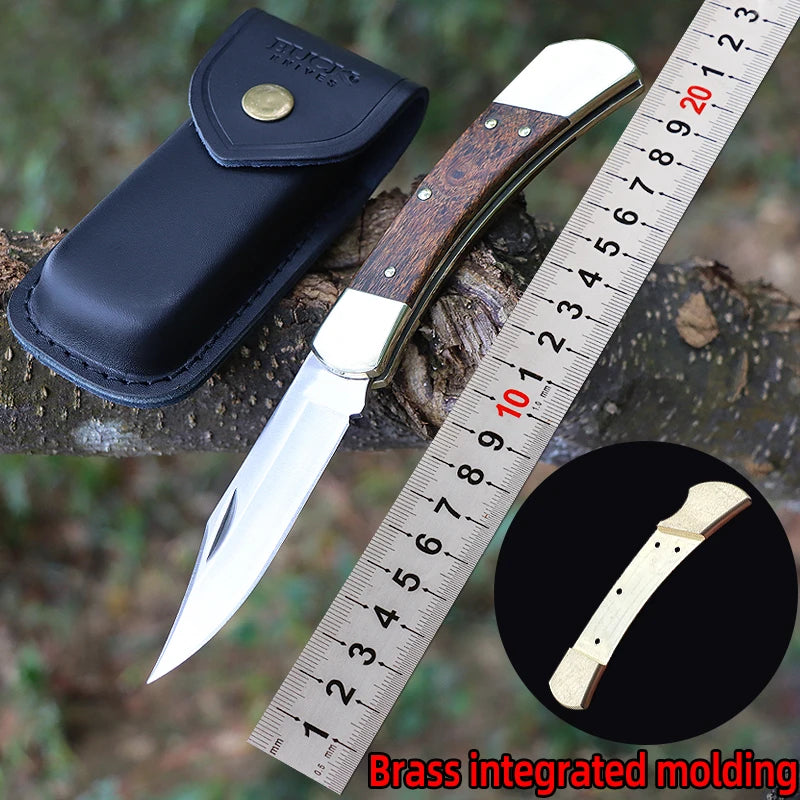 Outdoor Folding Knife – Stainless Steel Blade with Brass & Mahogany Handle for Hunting & Camping