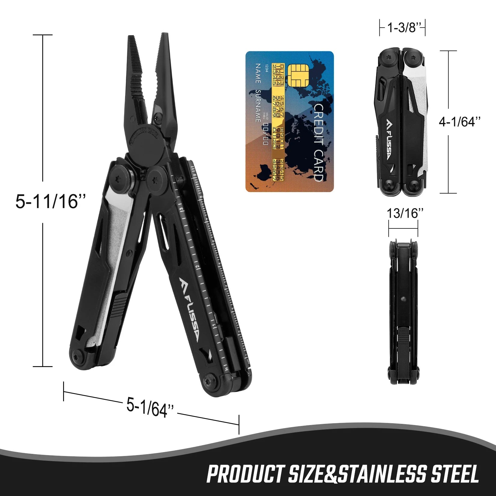 FLISSA 16-in-1 Stainless Steel Multitool Folding Pliers Compact Outdoor Tool
