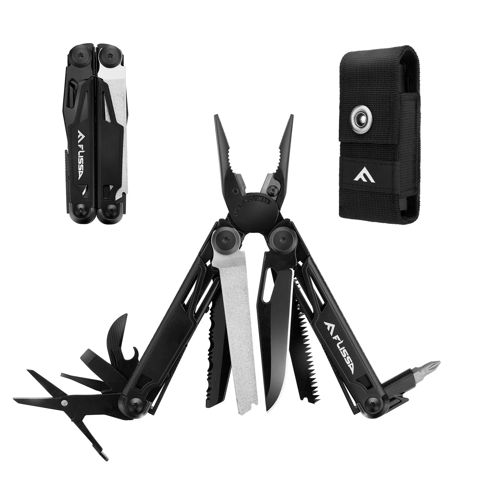 FLISSA 16-in-1 Stainless Steel Multitool Pliers Compact Folding Tool for Camping & Travel