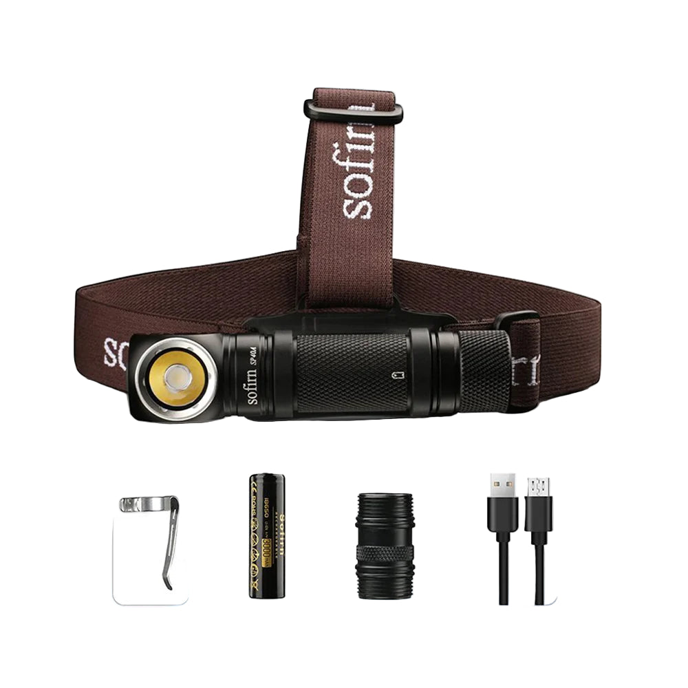 SOFIRN headlamp with accessories on a white background
