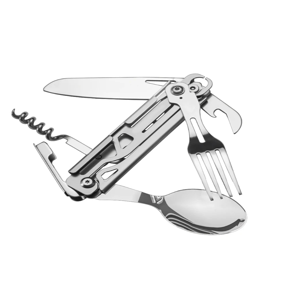 Multifunctional 420 Stainless Steel Camping Tableware – Folding Knife, Fork, Spoon