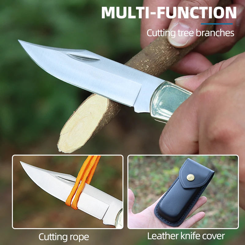 Outdoor Folding Knife – Stainless Steel Blade with Brass & Mahogany Handle for Hunting & Camping
