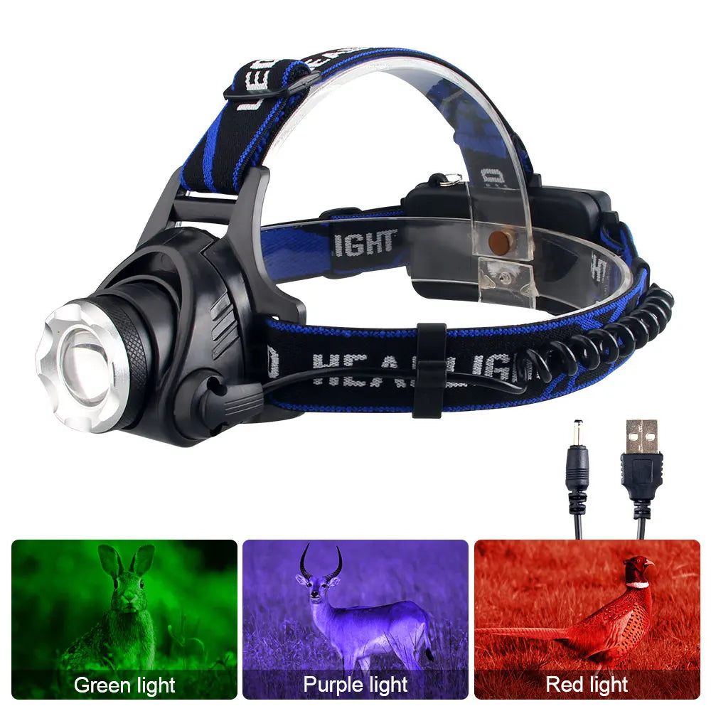 VASTFIRE Tactical Zoomable Headlamp - Red/Green/Purple LED with USB Charging