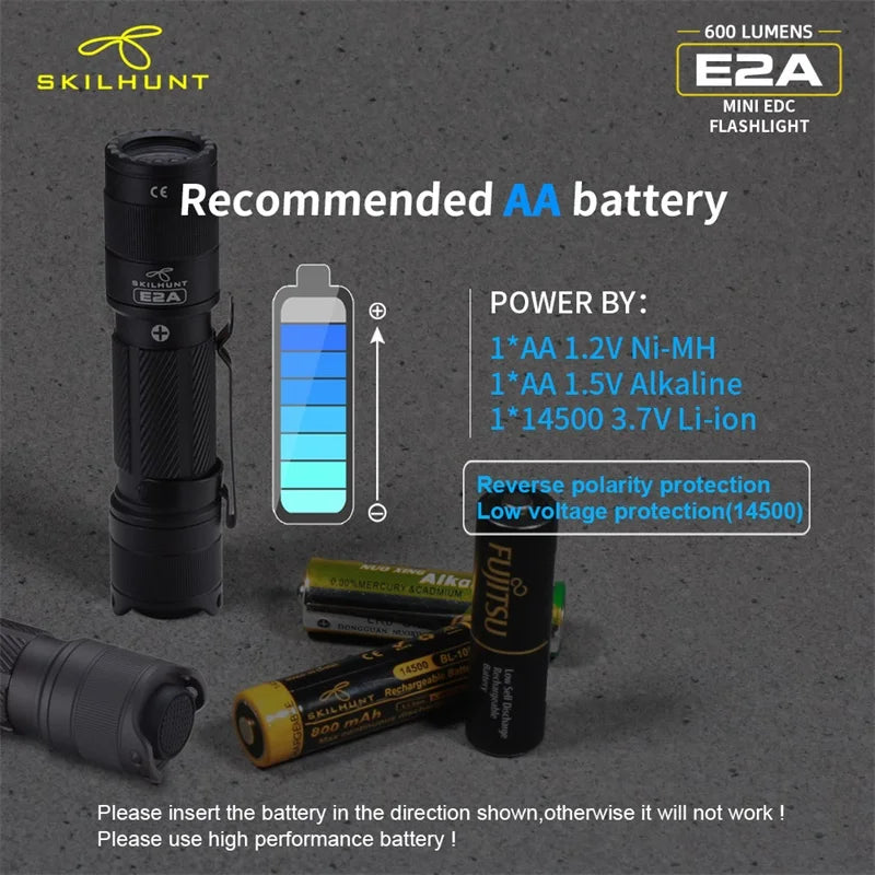 SKILHUNT E2A Compact EDC Flashlight – 600 Lumen AA/14500 Pocket Torch for Outdoor Use