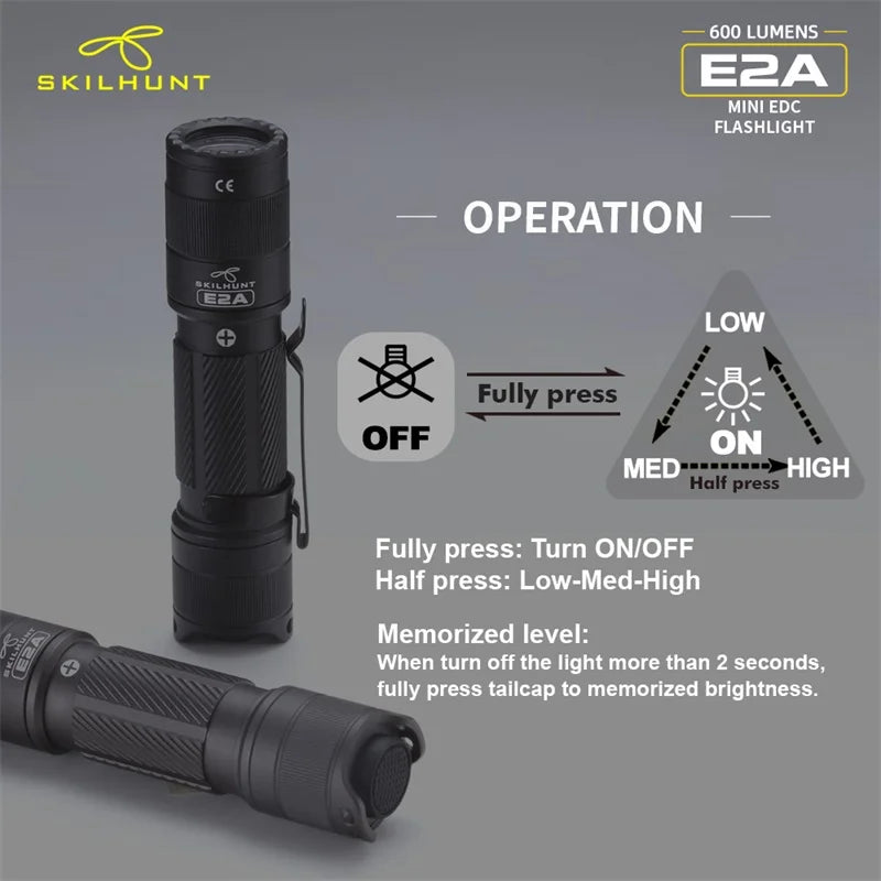 SKILHUNT E2A Compact EDC Flashlight – 600 Lumen AA/14500 Pocket Torch for Outdoor Use