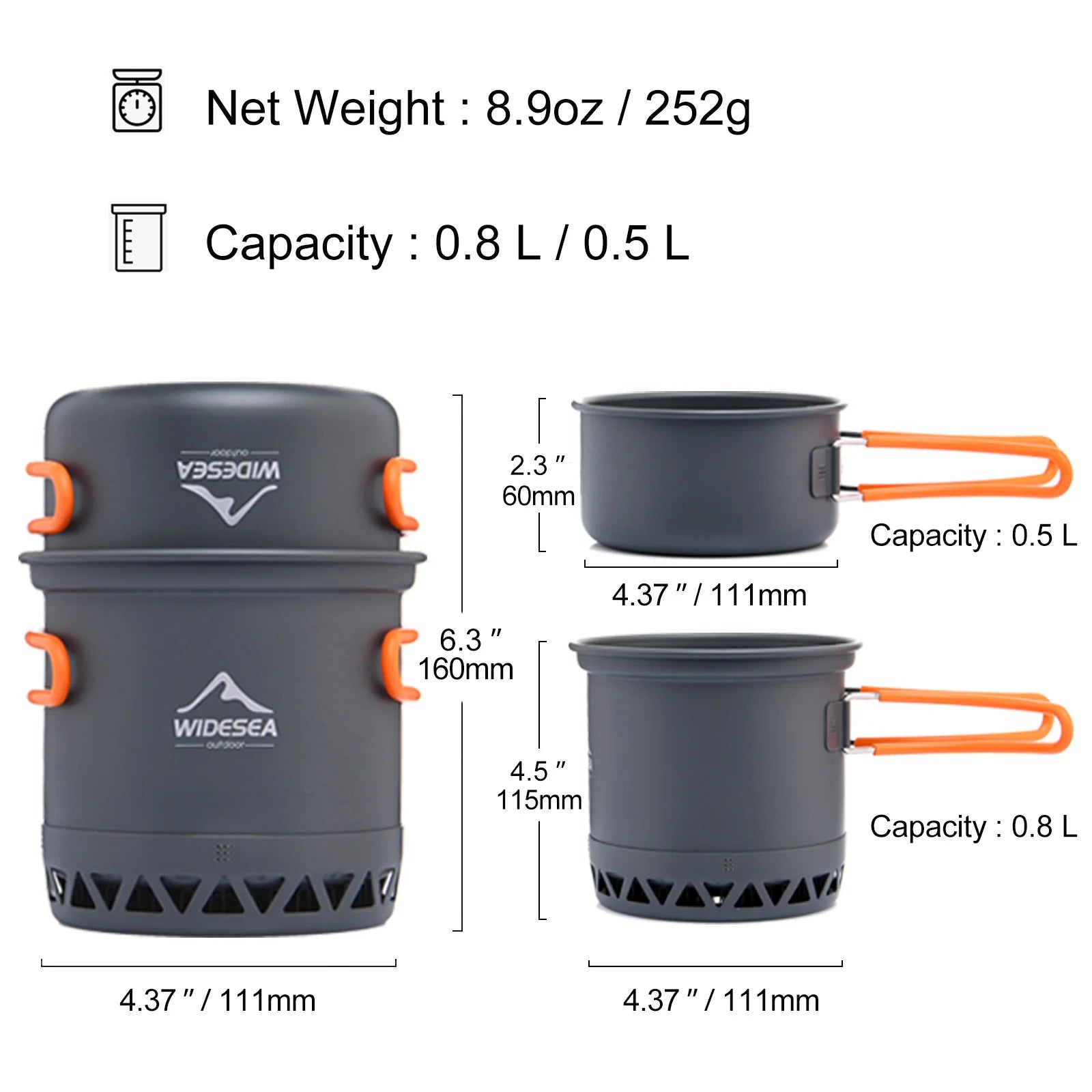 Widesea Camping Cookware Set – 1.3L/2.3L Outdoor Cooking Pot & Kettle for Hiking, Travel and Hunting