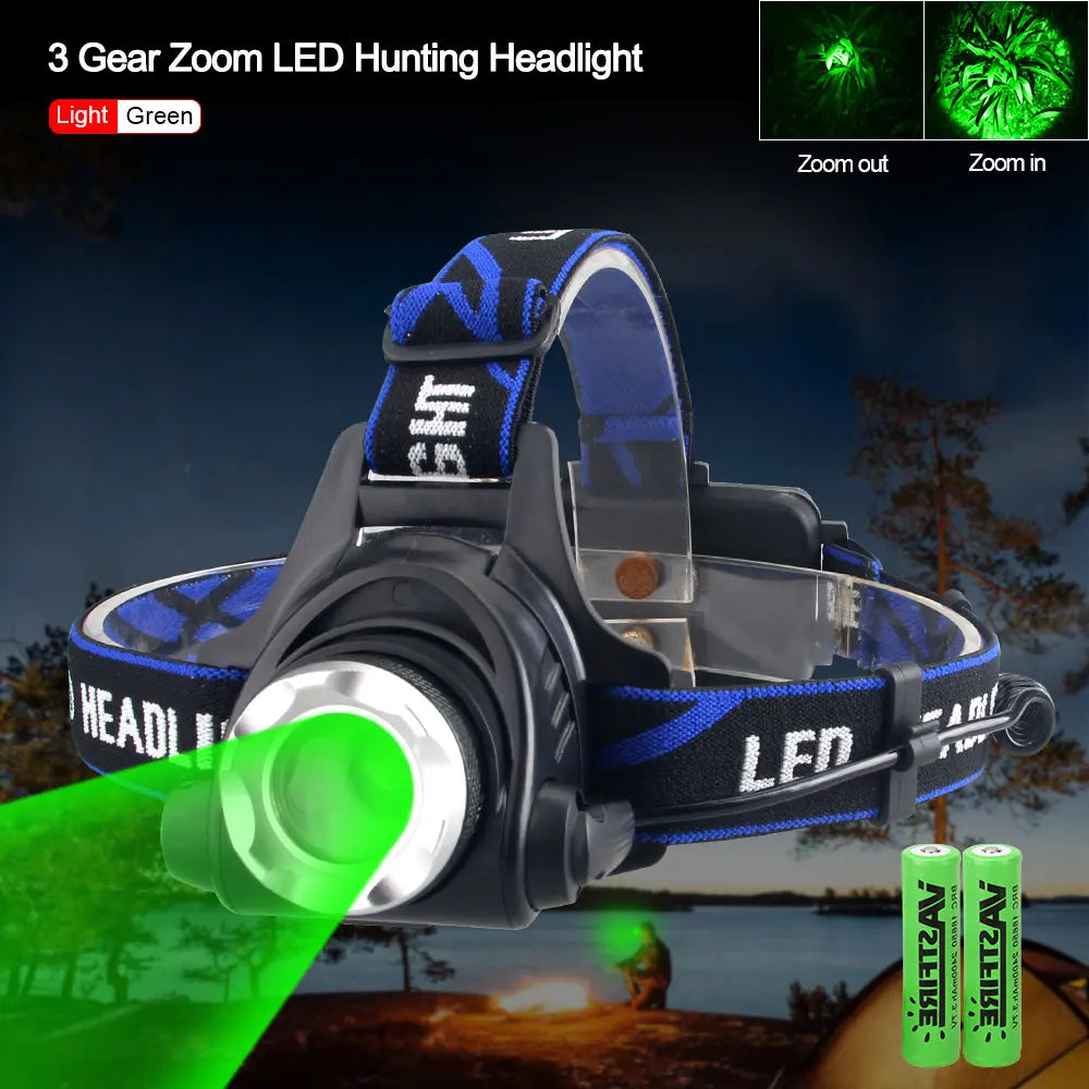 VASTFIRE Tactical Zoomable Headlamp - Red/Green/Purple LED with USB Charging