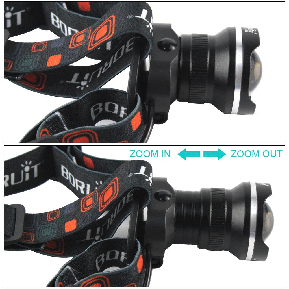 BORUIT RJ-2166 Zoom Headlamp 1000lm AA Battery Waterproof LED Torch for Camping