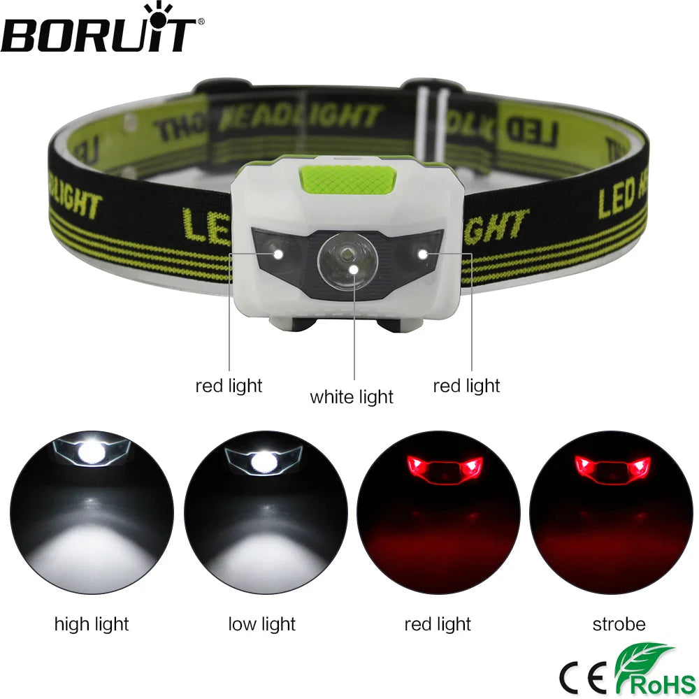 BORUIT Mini LED Headlamp AAA Powered 3W Lightweight Red Light Torch for Camping
