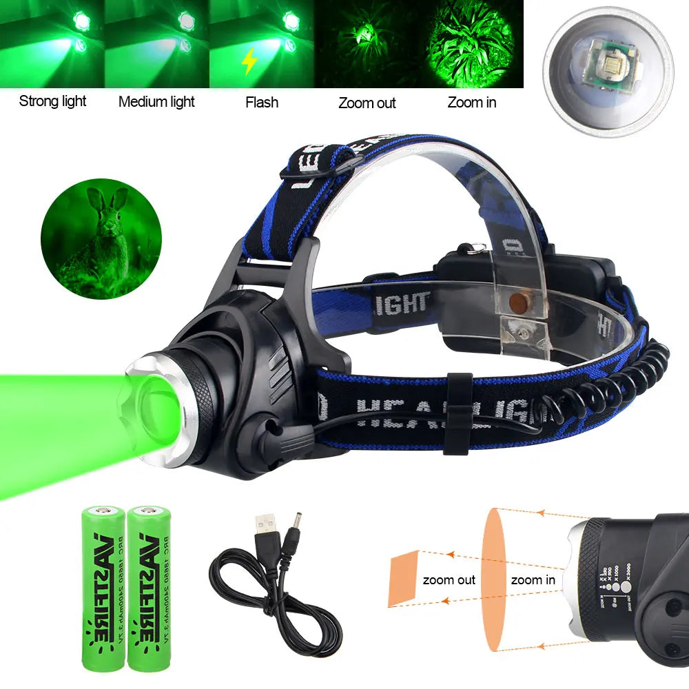 VASTFIRE Tactical Zoomable Headlamp - Red/Green/Purple LED with USB Charging