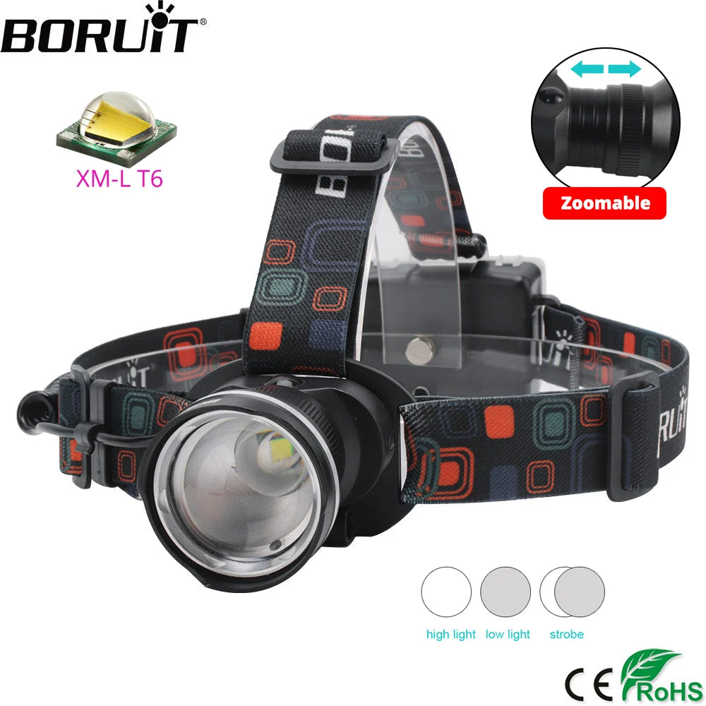BORUIT RJ-2166 Zoom Headlamp 1000lm AA Battery Waterproof LED Torch for Camping