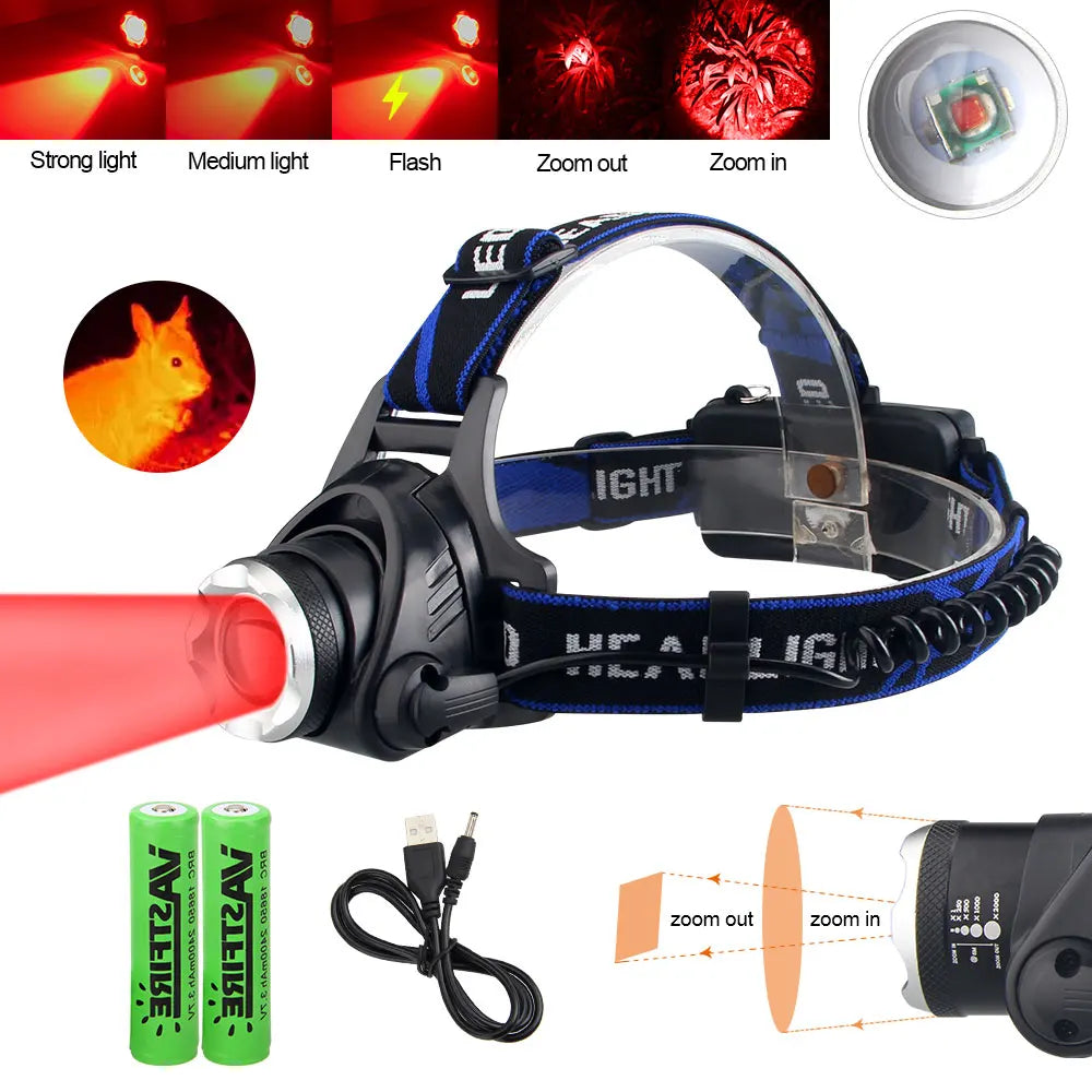 VASTFIRE Tactical Zoomable Headlamp - Red/Green/Purple LED with USB Charging