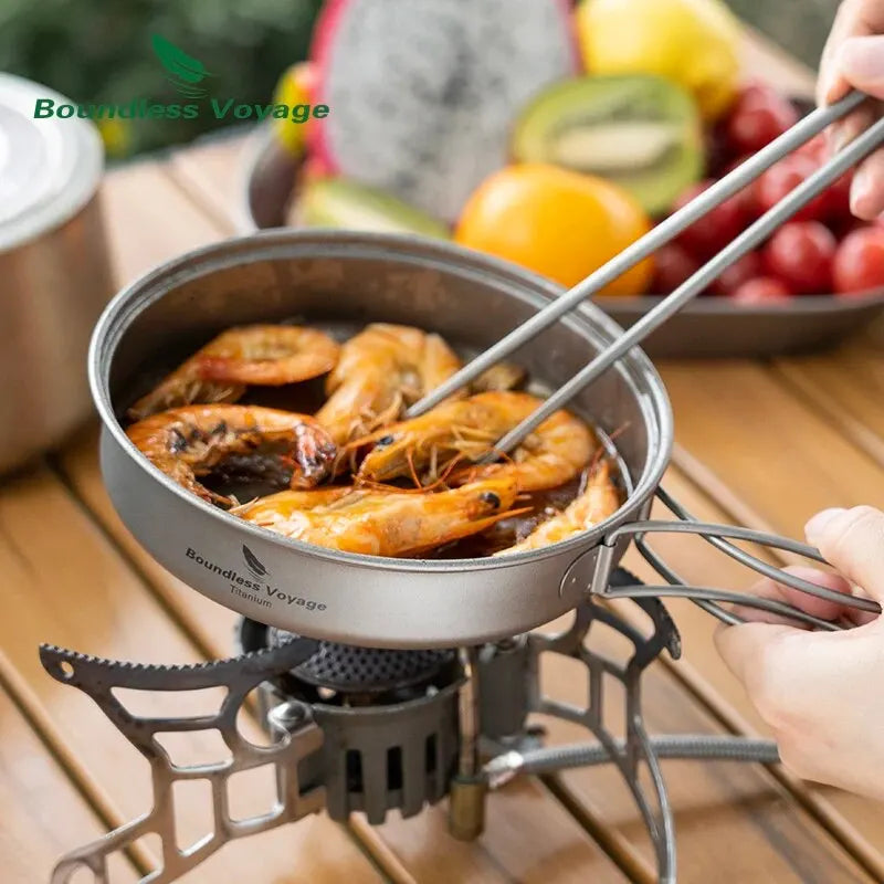 BOUNDLESS VOYAGE Titanium Pot & Pan Set – Lightweight Folding Handle Camping Cookware