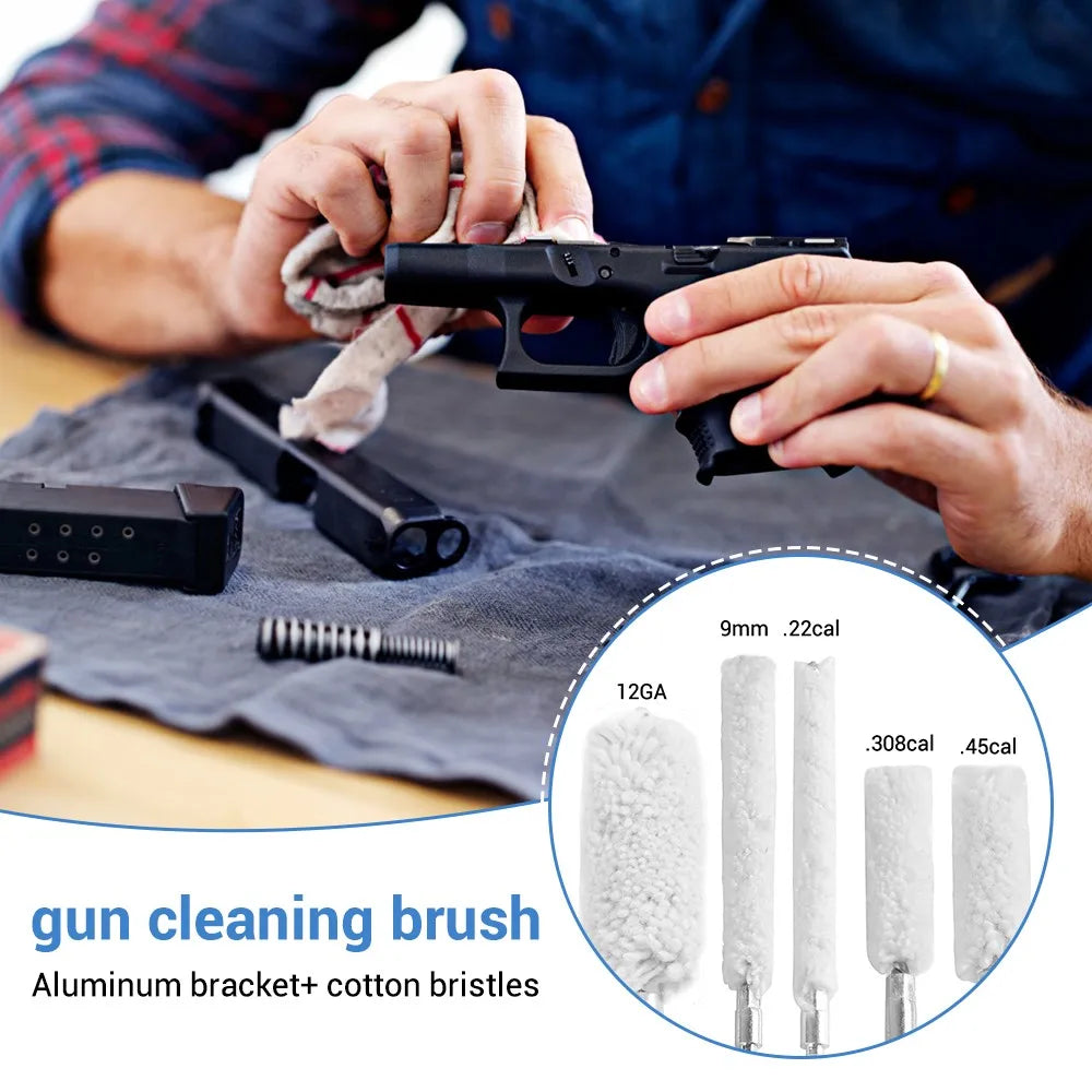 5Pcs Gun Cleaning Brush Head Kit – 9mm, .30/.300/.308cal, .22cal, .45cal, 12GA Cotton Mop Brushes