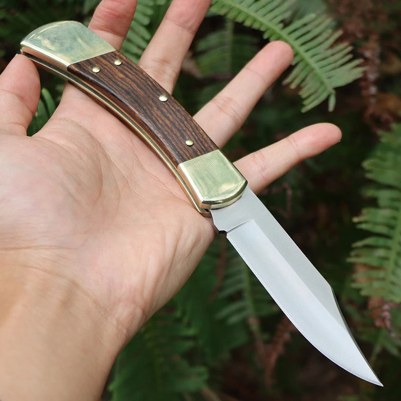 Outdoor Folding Knife – Stainless Steel Blade with Brass & Mahogany Handle for Hunting & Camping