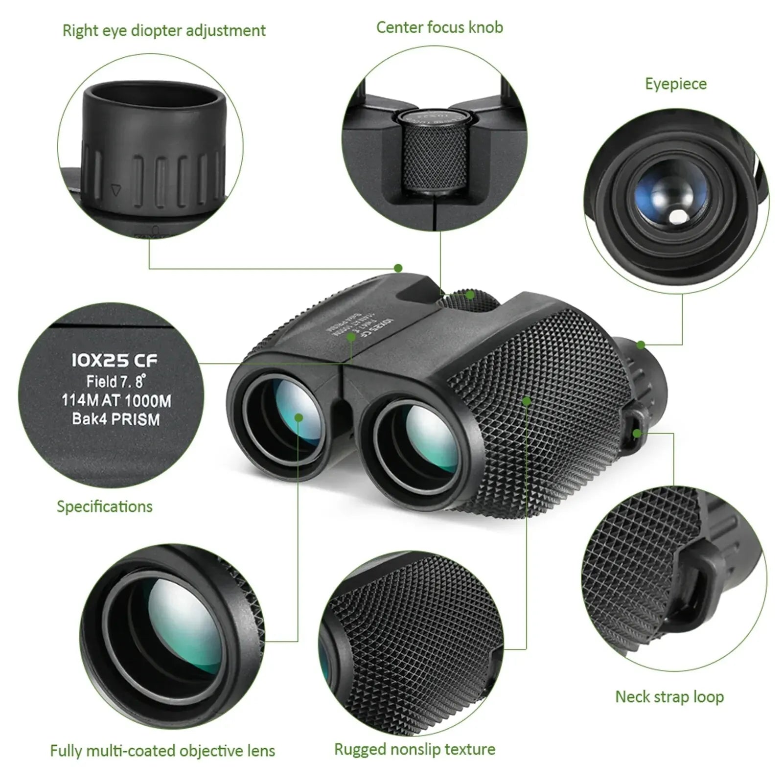 10x25 Binoculars HD Mini Portable Telescope BAK4 FMC Coated for Hunting & Outdoors
