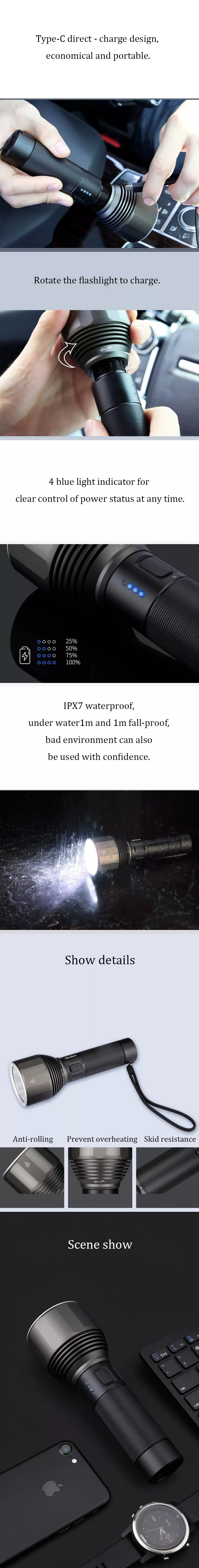 NEXTOOL Rechargeable Flashlight 2000LM LED Torch IPX7