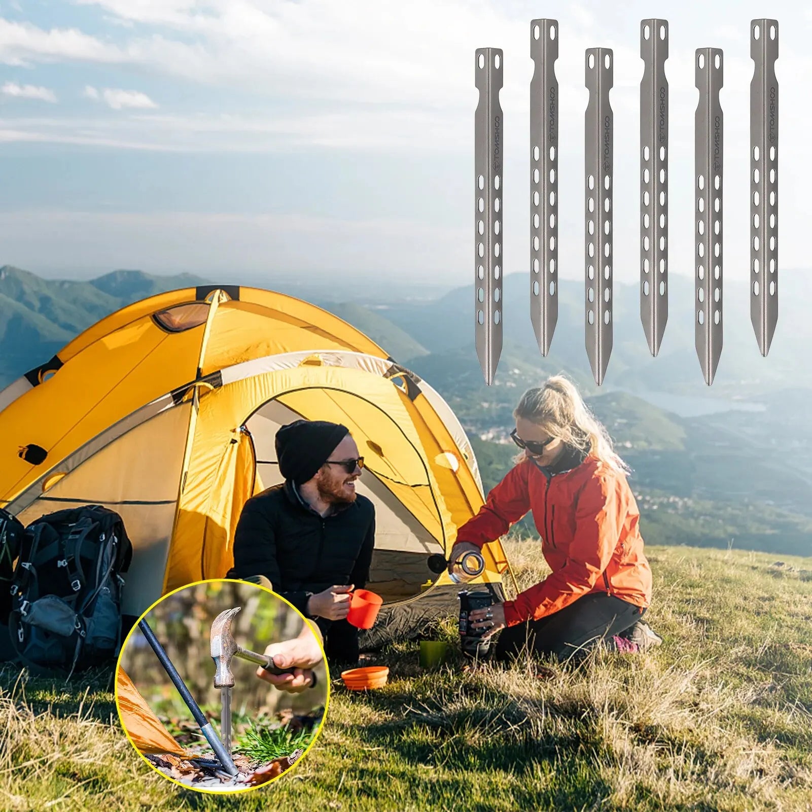 TOMSHOO Ultralight Titanium Tent Pegs – 4/6 Pack Windproof Camping Stakes